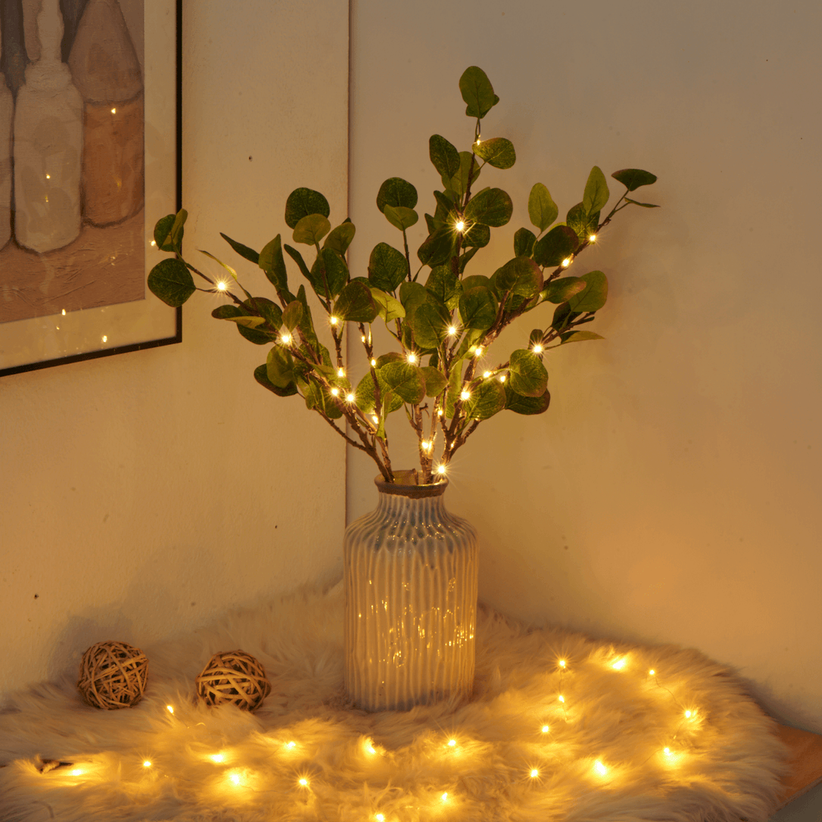 LumiVista Ramo luminoso a LED con foglie d'ulivo, 70 cm, luce bianca calda, illuminazione decorativa