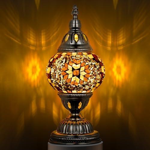 Marrakech-Tischleuchte mit Mosaikglas und handgefertigtem Bronzefuß