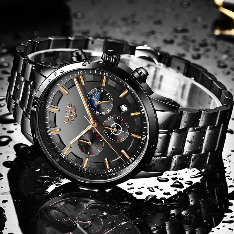 VanguardTime Herrenarmbanduhr aus schwarzem Stahl mit elegantem Quarzdesign