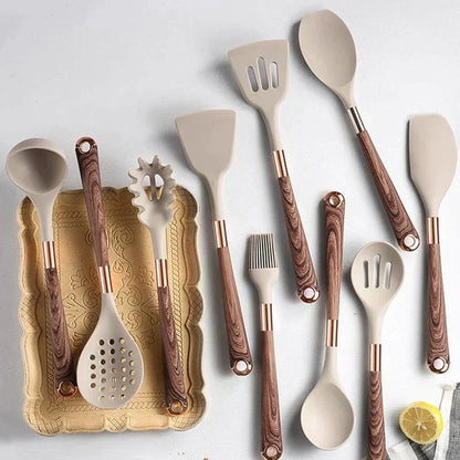 10-delige set siliconen keukengerei met houten handgrepen