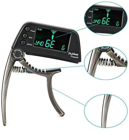 2-i-1 guitarcapo og digital tuner til akustisk guitar, elguitar, bas og ukulele