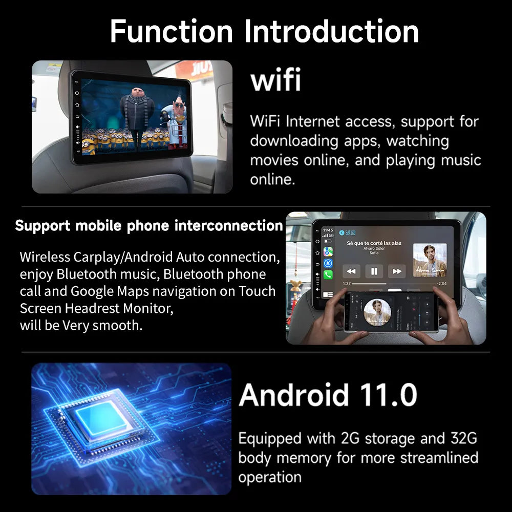 Bluetooth-hoofdsteunscherm voor de auto met Ultra-HD IPS-touchscreen