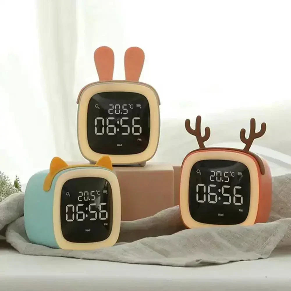 LED-Wecker mit Cartoon-Kaninchenmotiv und Nachtlicht, wiederaufladbar D