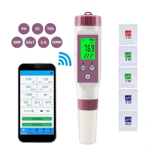 Digitaler 7-in-1-Wasserqualitätstester mit App, pH, TDS, Salzgehalt und Temperatur