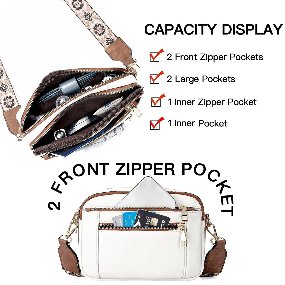 Evelien-Schultertasche für Damen mit mehreren Reißverschlussfächern