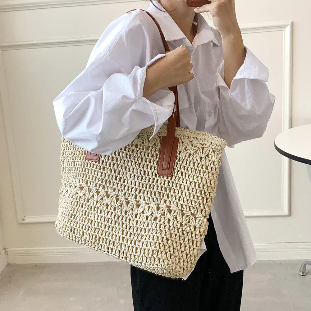Genevieve-riettas met echtleren riemen – ruime zomerse shopper