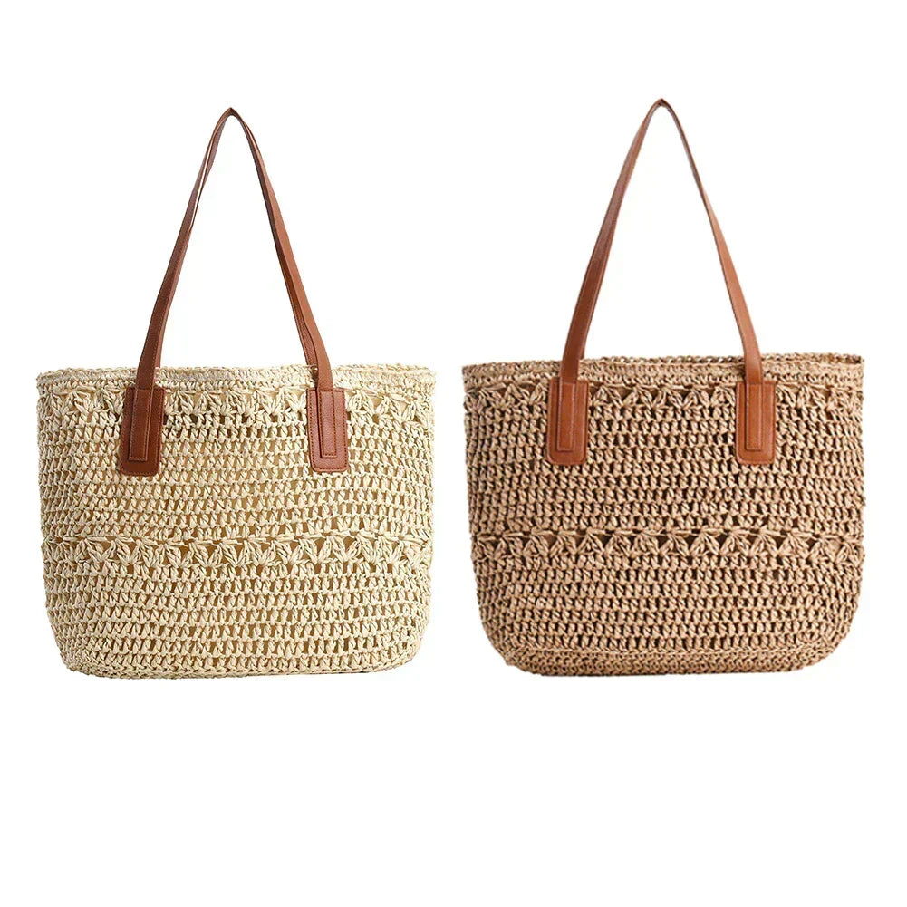 Genevieve-riettas met echtleren riemen – ruime zomerse shopper