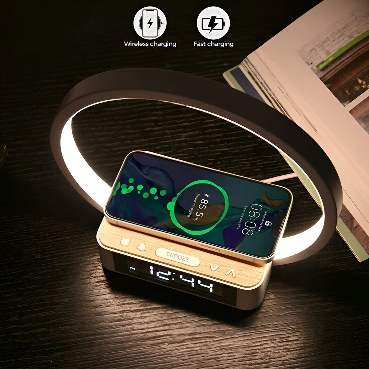 GlowMax 3-in-1-led-tafellamp met draadloze oplader, wekker en aanraakbediening