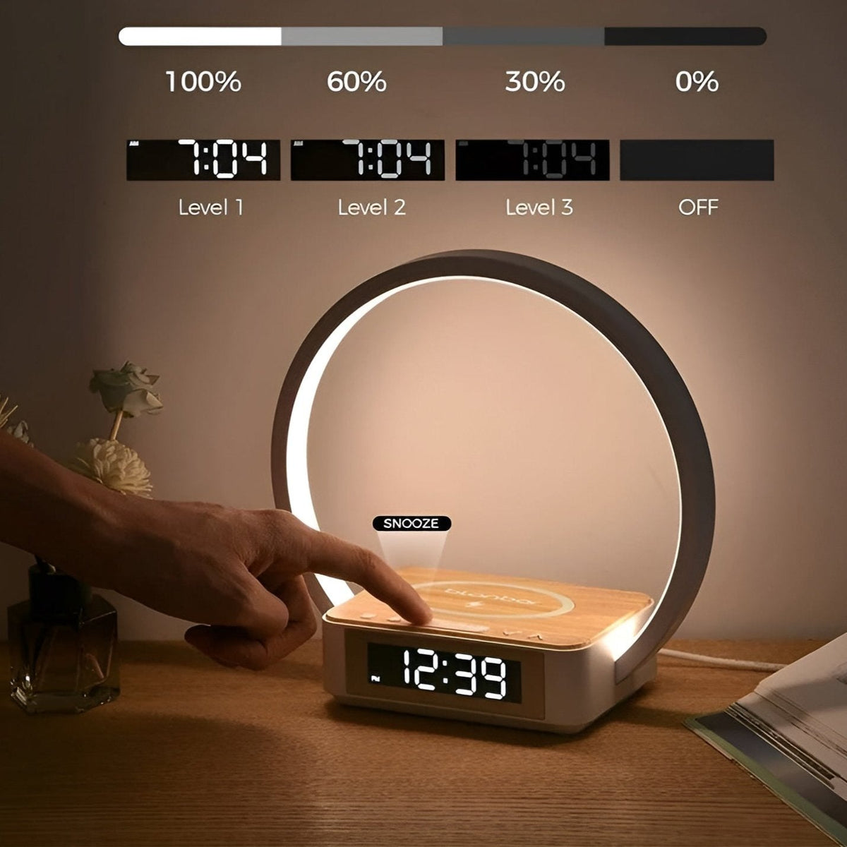 GlowMax 3-in-1-led-tafellamp met draadloze oplader, wekker en aanraakbediening