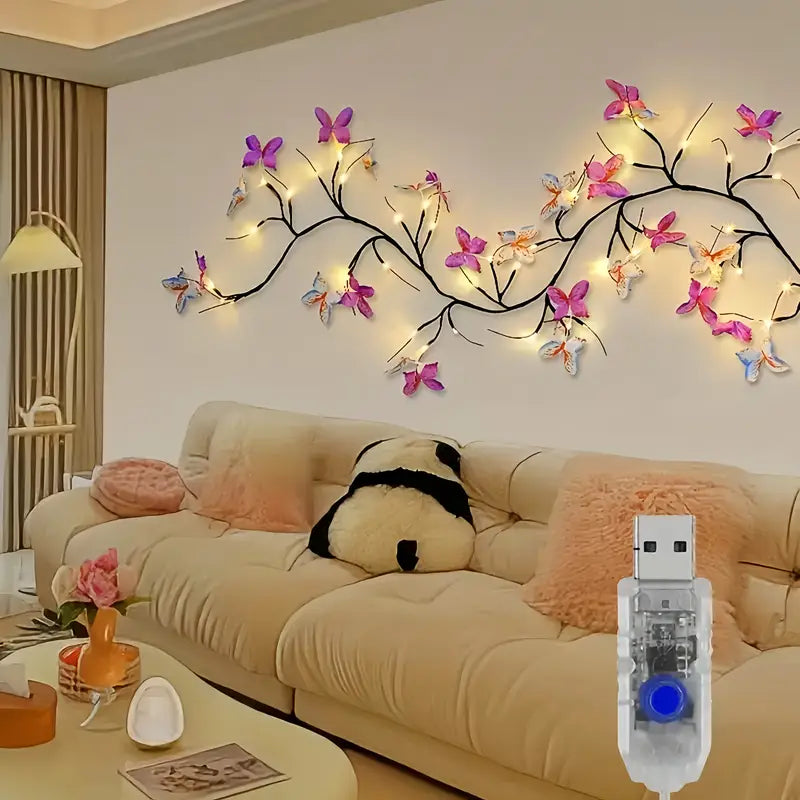 Catena luminosa LED con rami di salice e decorazioni a farfalla