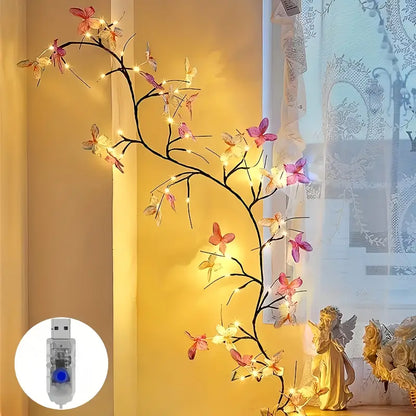 Catena luminosa LED con rami di salice e decorazioni a farfalla