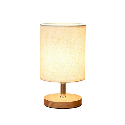 Minimalistische LinenWood-Tischlampe mit Holzfuß und Lampenschirm aus Leinen