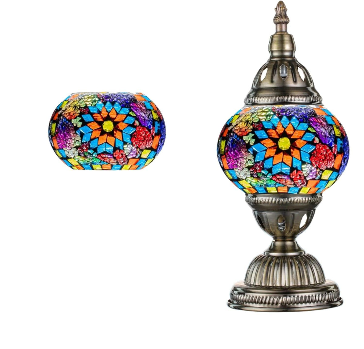 Lampada da tavolo Marrakech con vetro a mosaico e base in bronzo realizzata a mano