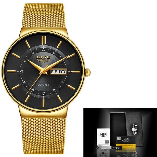 Ultradun herenhorloge van roestvrij staal met kwartsuurwerk en datumaanduiding