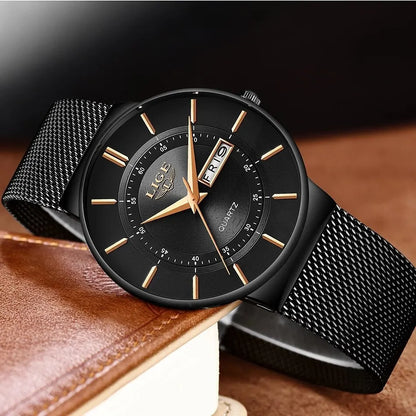 Ultradun herenhorloge van roestvrij staal met kwartsuurwerk en datumaanduiding