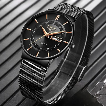 Ultradun herenhorloge van roestvrij staal met kwartsuurwerk en datumaanduiding