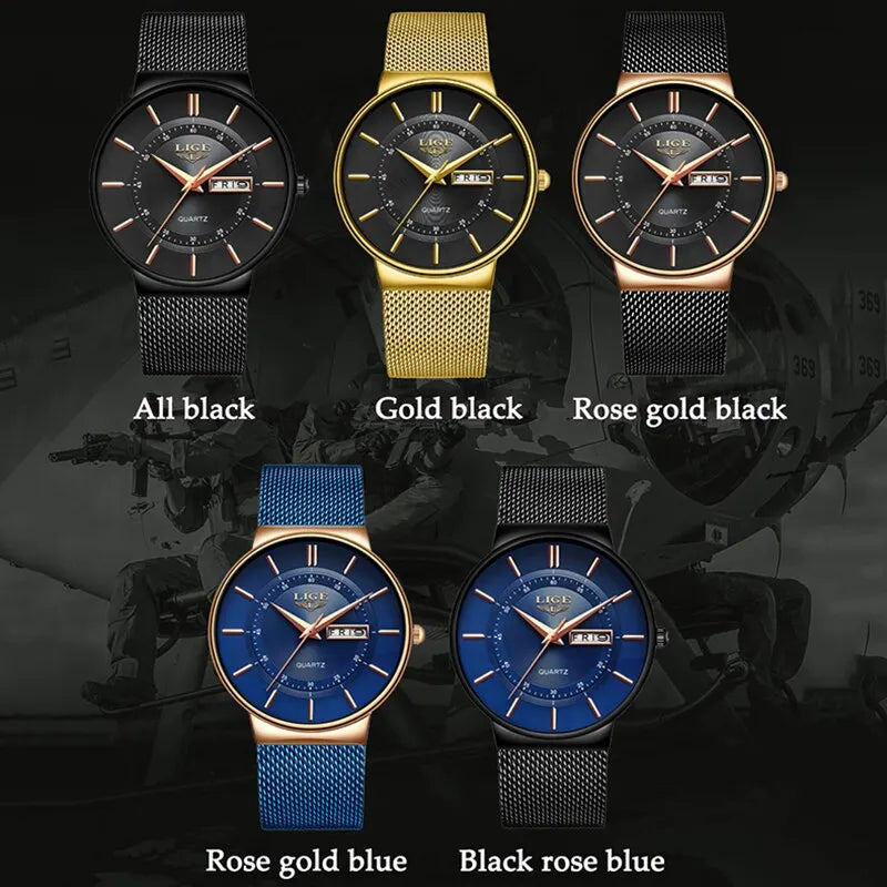 Ultradun herenhorloge van roestvrij staal met kwartsuurwerk en datumaanduiding