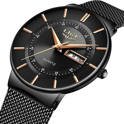Ultradun herenhorloge van roestvrij staal met kwartsuurwerk en datumaanduiding