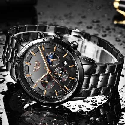 Orologio militare da uomo in acciaio inossidabile nero, resistente all’acqua