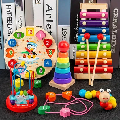 Giocattolo Montessori in legno per neonati, set di gioco educativo e sensoriale 5-in-1
