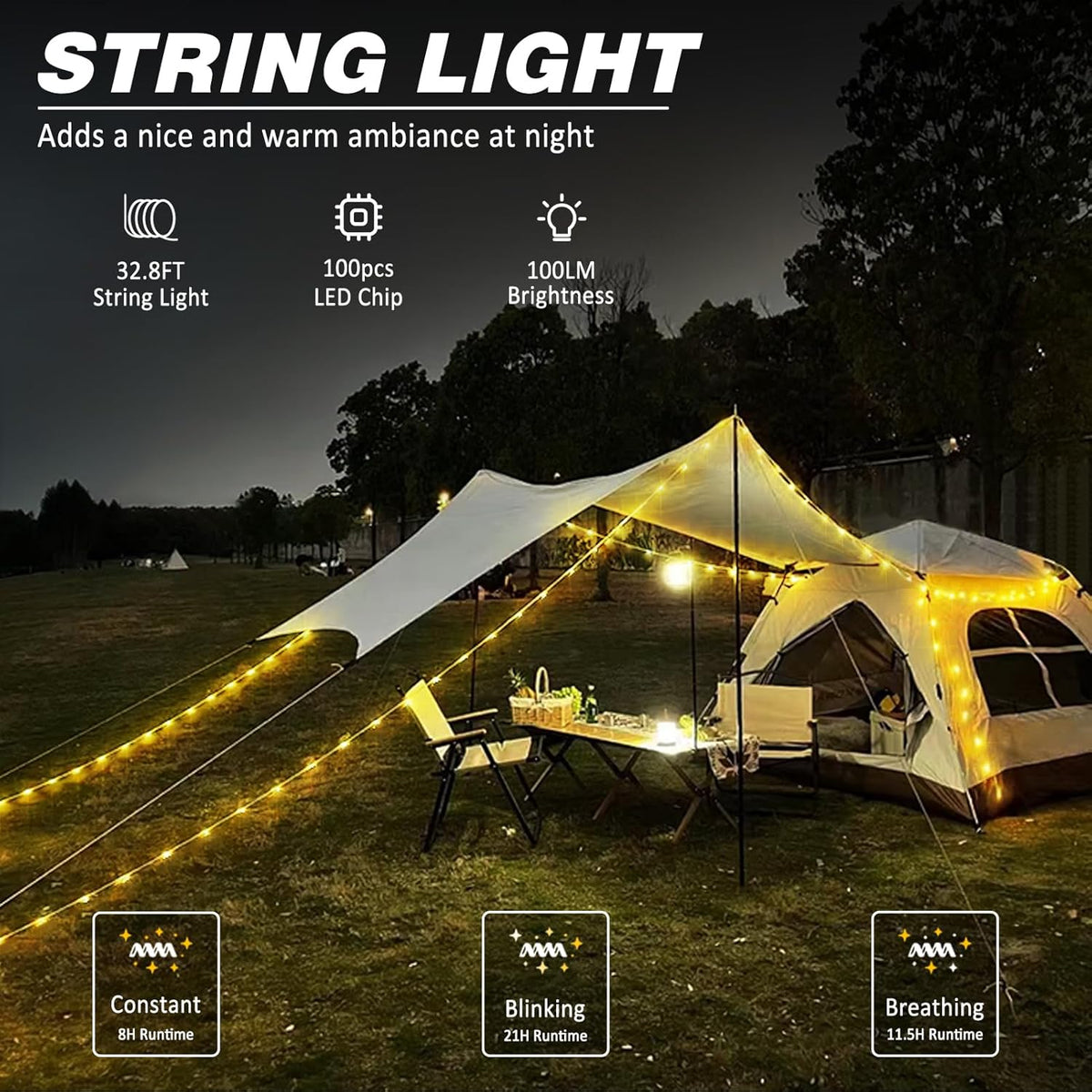 Draagbare ledlichtslinger voor op de camping, oplaadbaar via USB, waterdicht, 10 m
