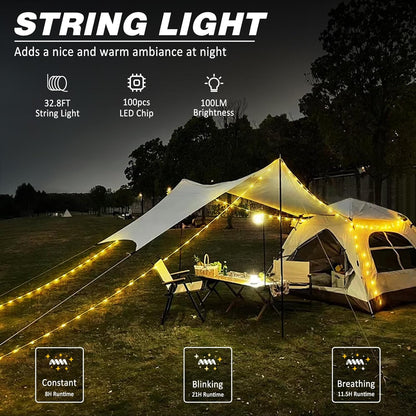 Draagbare ledlichtslinger voor op de camping, oplaadbaar via USB, waterdicht, 10 m