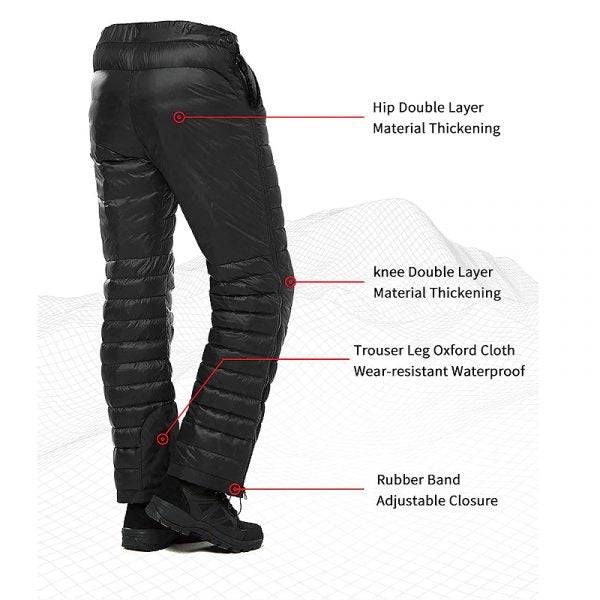 Premium donsbroek met ganzendons voor outdooractiviteiten, skiën en extreme kou