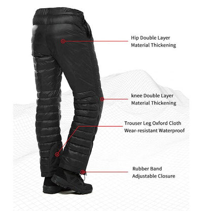 Premium donsbroek met ganzendons voor outdooractiviteiten, skiën en extreme kou