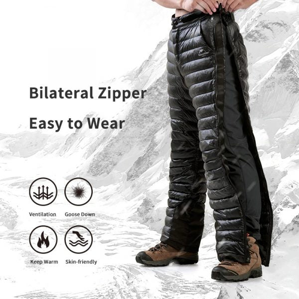 Premium donsbroek met ganzendons voor outdooractiviteiten, skiën en extreme kou