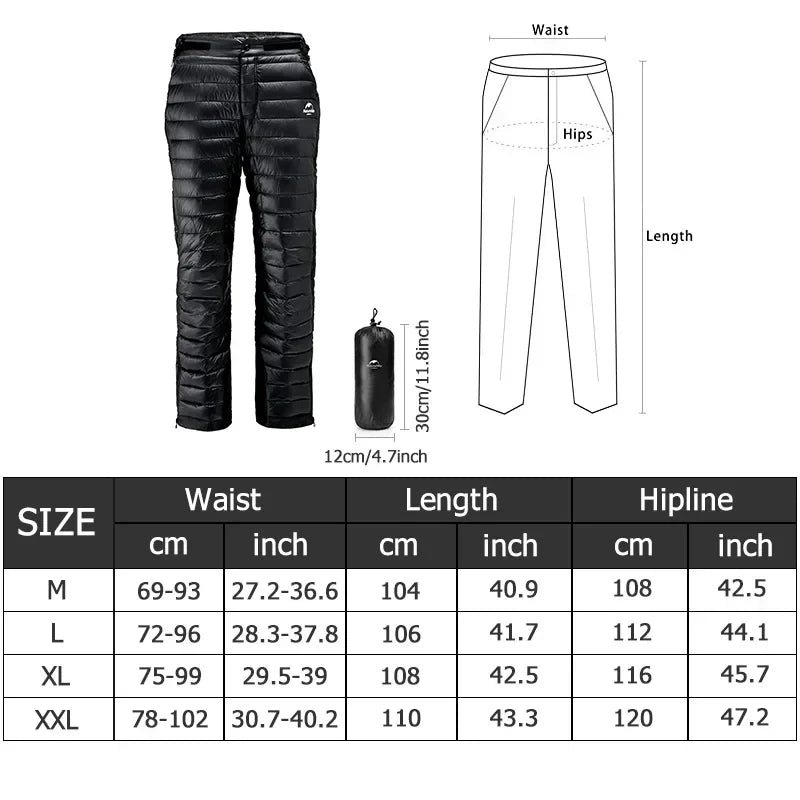 Premium donsbroek met ganzendons voor outdooractiviteiten, skiën en extreme kou