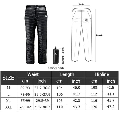 Premium donsbroek met ganzendons voor outdooractiviteiten, skiën en extreme kou