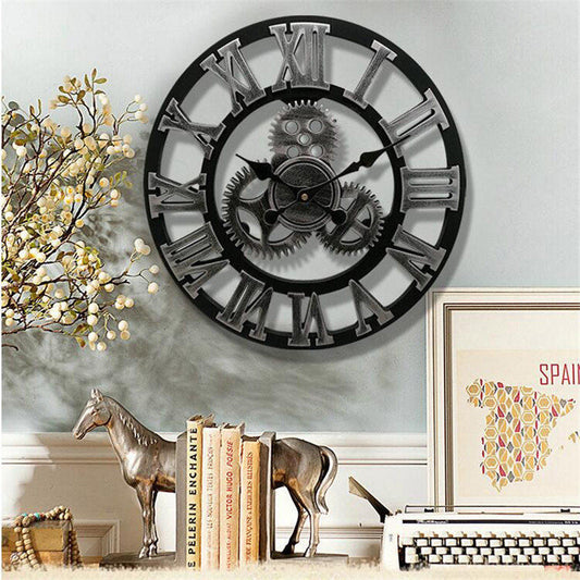 Orologio da parete in legno in stile industriale retrò con design a ingranaggi e meccanismo silenzioso