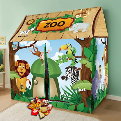 Safari-junglespeeltent met dierenmotief en burgerspeelset