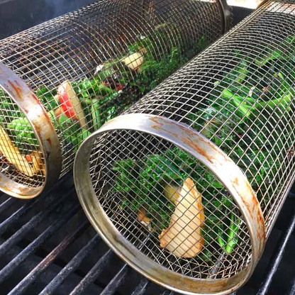 Roterende grillmand van roestvrij staal voor barbecue en gelijkmatig grillen